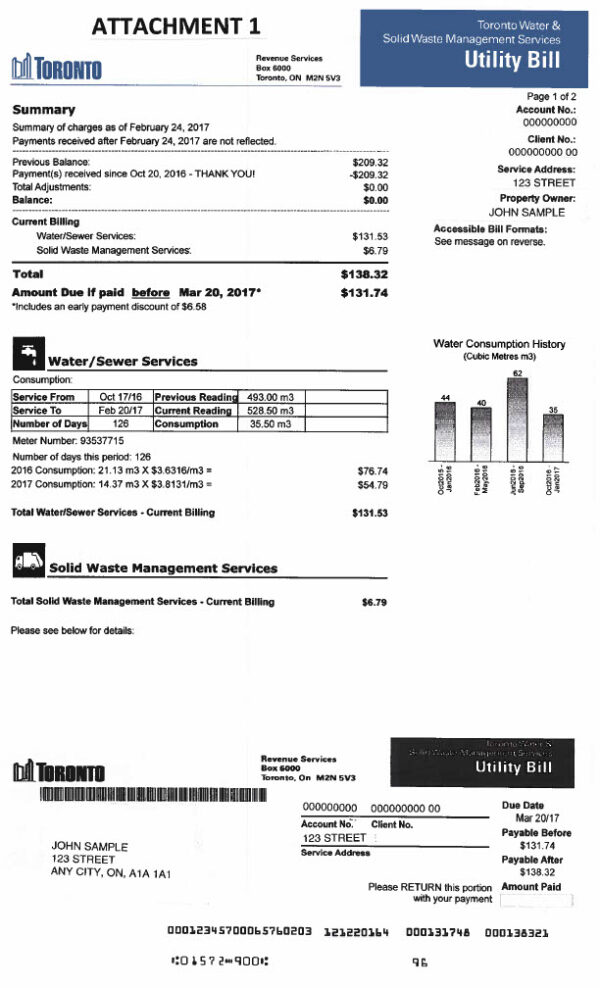 Canada City of Toronto Editable Water Bill Template in Word and PDF formats 3 page