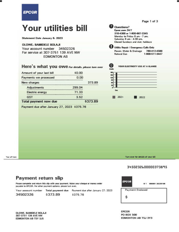 Canada EPCOR Editable Utility Bill Template in Word and PDF formats 3 page