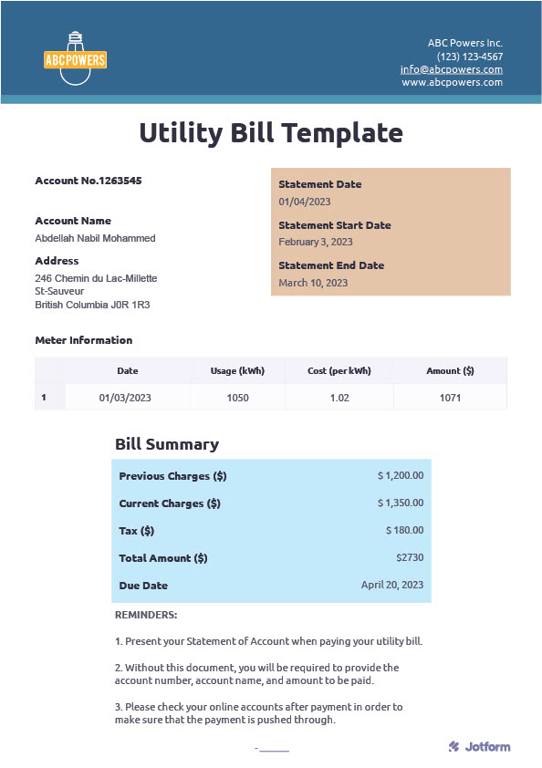 Canada Editable Utility Bill Template in Word and PDF formats