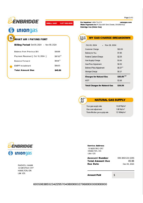 Canada Enbridge Editable Gas Bill Template in Word and PDF formats