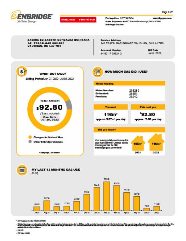 Canada Enbridge Gas Editable Gas Bill Template in Word and PDF formats 3 page