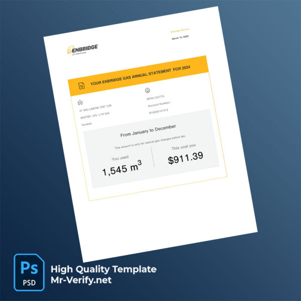 Canada Enbridge Gas Inc Editable Gas Bill Template in Word and PDF formats