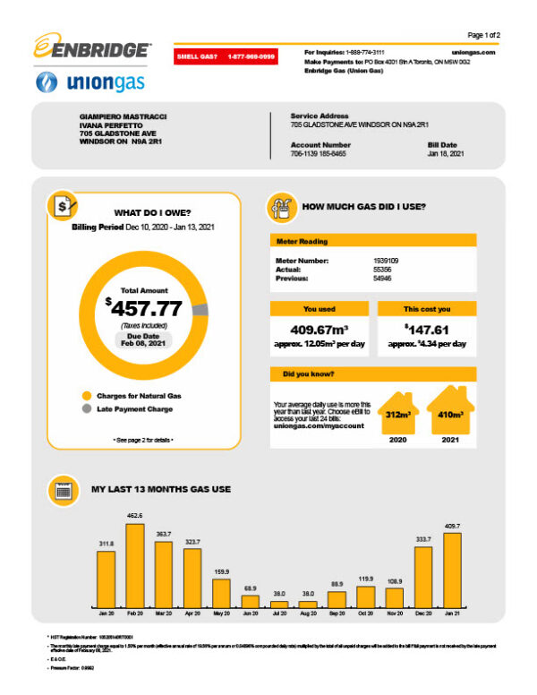 Canada Enbridge Gas Union Gas Editable Natural Gas Bill Template in Word and PDF formats 2 page
