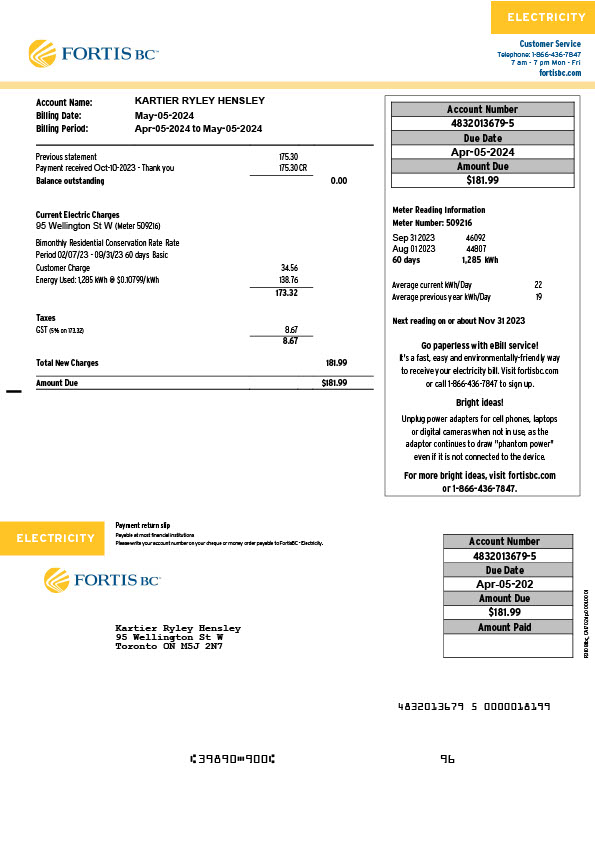 Canada Fortis BC Editable Electricity Bill Template in Word and PDF formats