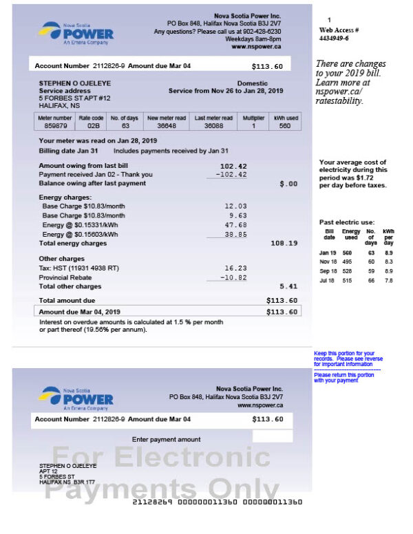 Canada Nova Scotia Power Inc Editable Power Bill Template in Word and PDF formats