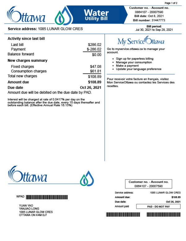 Canada Ottawa Editable Water Bill Template in Word and PDF formats 2 page