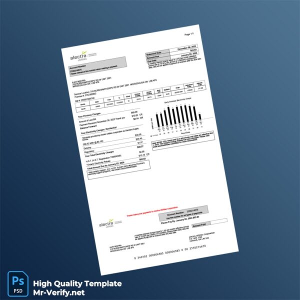 Canada Alectra Utilities Editable Electricity Bill Template in Word and PDF formats 2 page