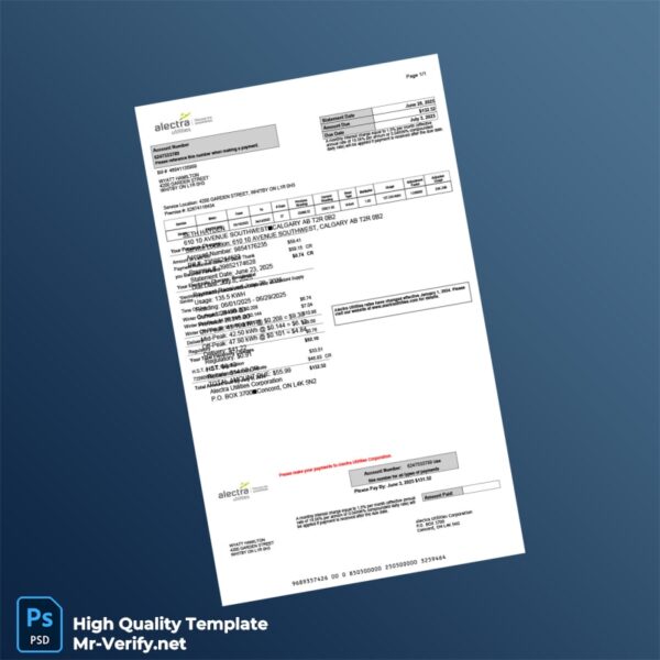 Canada Alectra Utilities Editable Utility Bill Template in Word and PDF formats