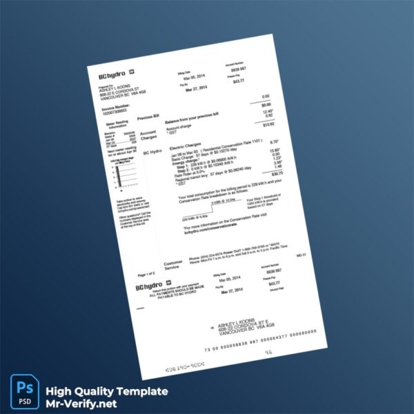 Canada BC Hydro Editable Utility Bill Template in Word and PDF formats 2 page