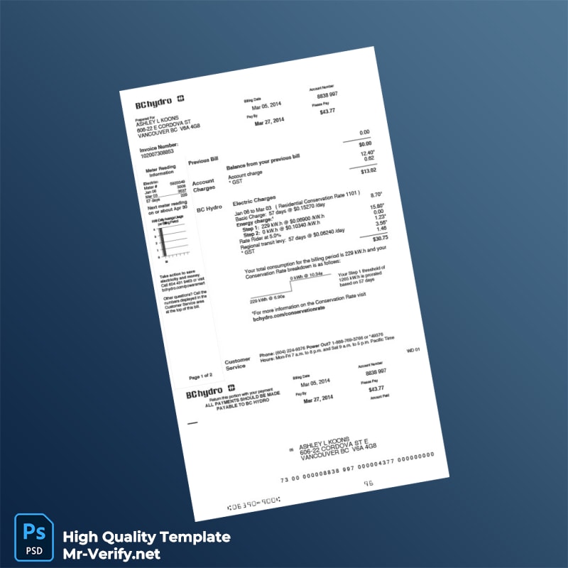 Canada BC Hydro Editable Utility Bill Template in Word and PDF formats 2 page Canada BC Hydro Editable Utility Bill Template in Word and PDF formats 2 page