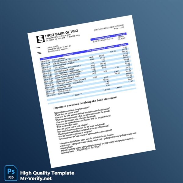 Canada Bank Statement Template in Word and PDF formats 2 page