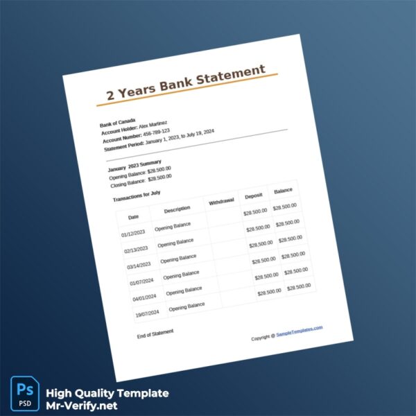 Canada Bank of Canada Bank Statement Template in Word and PDF formats 2 page