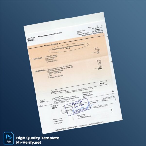 Canada Bell Editable Utility Bill Template in Word and PDF formats