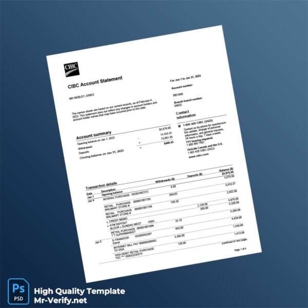 Canada CIBC Account Statement Template in Word and PDF formats 4 page