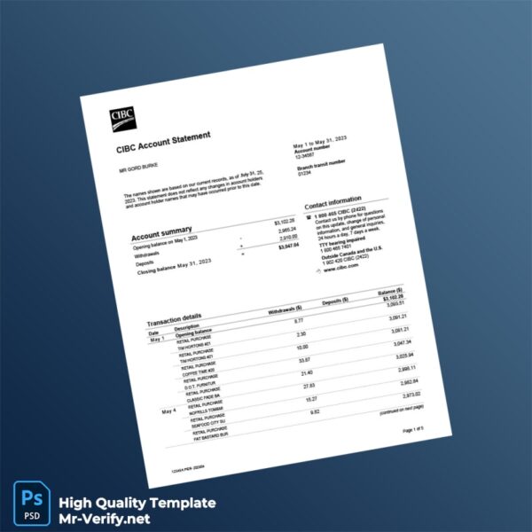 Canada CIBC Bank Statement Template in Word and PDF formats 5 page