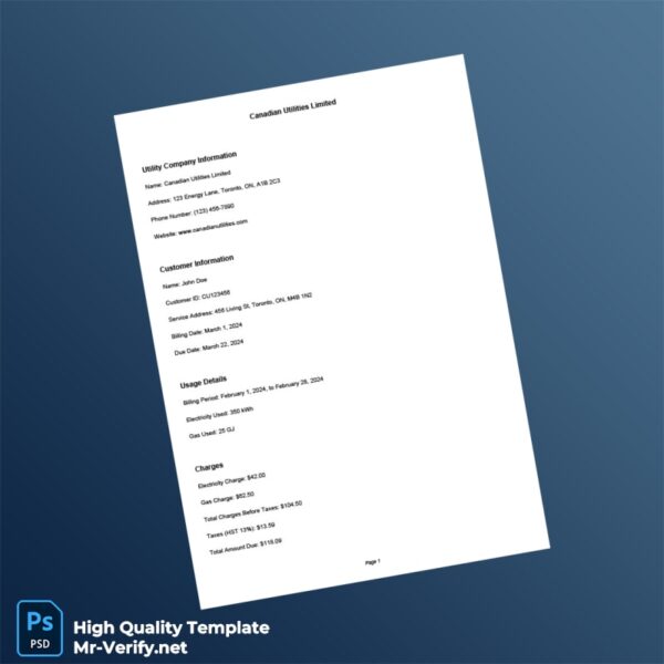 Canada Canadian Utilities Limited Editable Utility Bill Template in Word and PDF formats