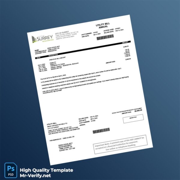 Canada City of Surrey Editable Water Bill Template in Word and PDF formats 2 page