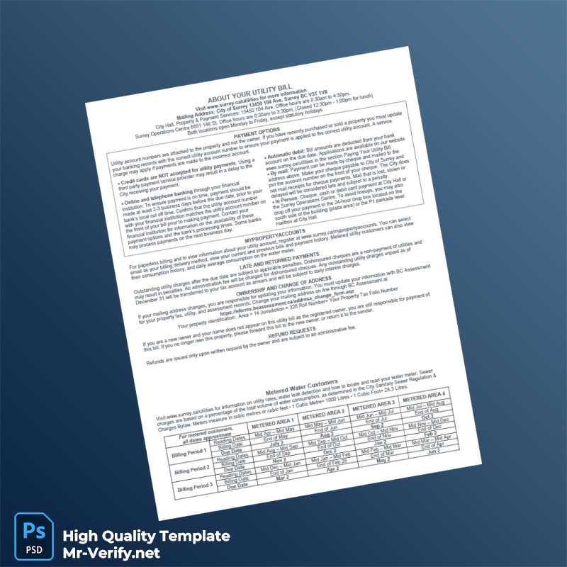 Canada City of Surrey Editable Water Bill Template in Word and PDF formats 2 page Canada City of Surrey Editable Water Bill Template in Word and PDF formats 2 page