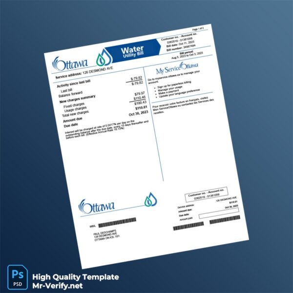 Canada City of Ottawa Editable Water Bill Template in Word and PDF formats 2 page
