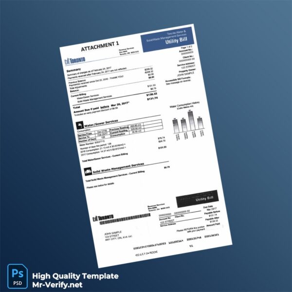 Canada City of Toronto Editable Water Bill Template in Word and PDF formats 3 page