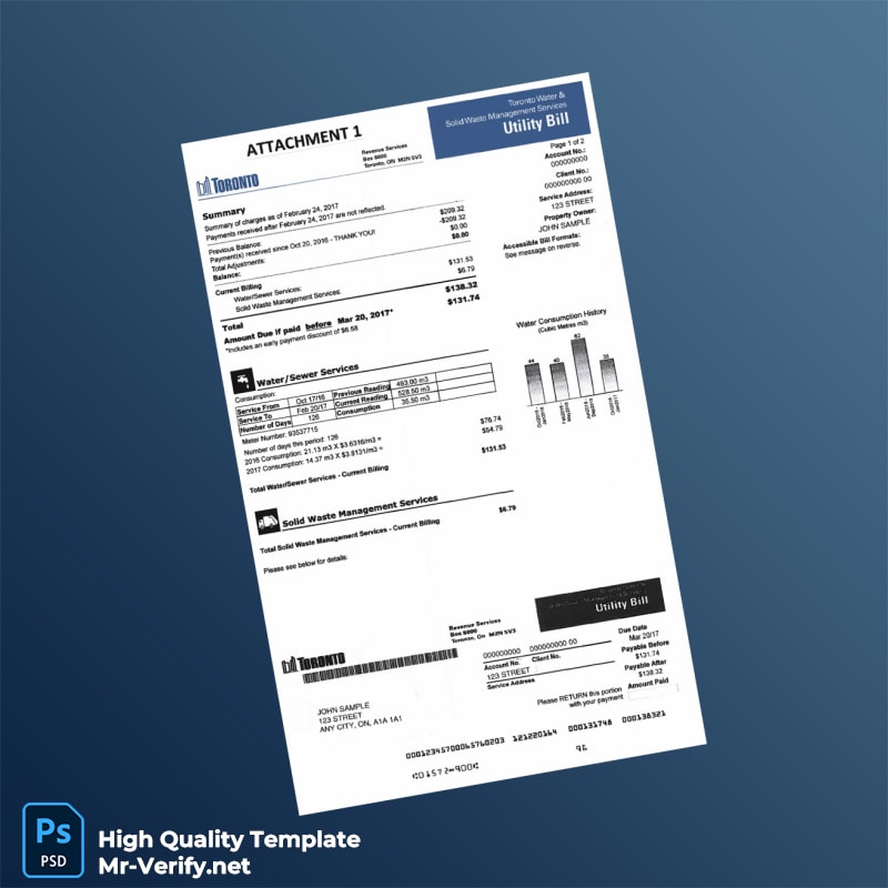 Canada City of Toronto Editable Water Bill Template in Word and PDF formats 3 page Canada City of Toronto Editable Water Bill Template in Word and PDF formats 3 page