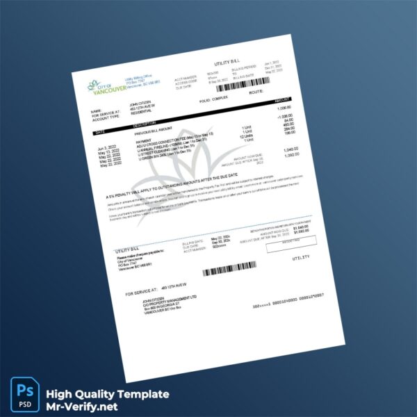 Canada City of Vancouver Editable Utility Bill Template in Word and PDF formats