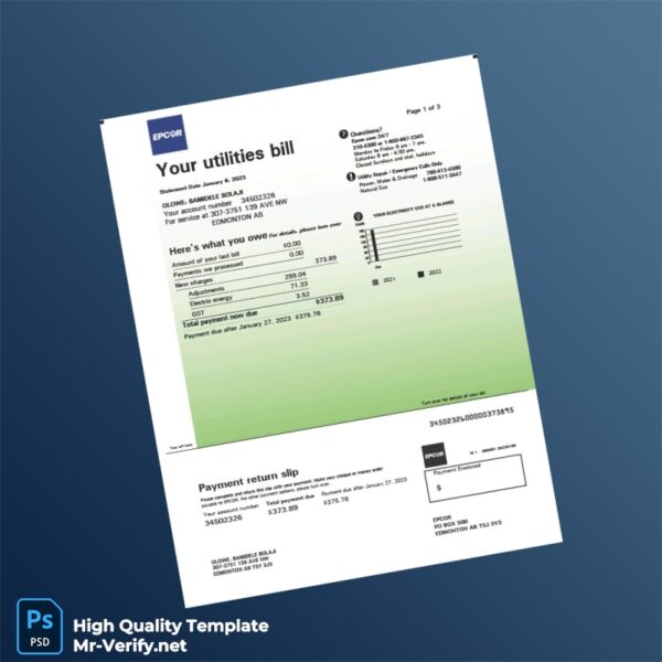 Canada EPCOR Editable Electricity Bill Template in Word and PDF formats 3 page