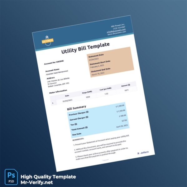 Canada Editable Utility Bill Template in Word and PDF formats