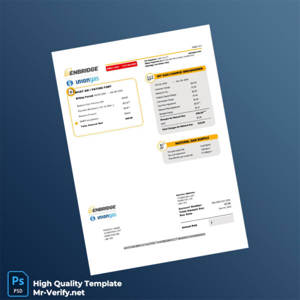 Canada Enbridge Editable Gas Bill Template in Word and PDF formats
