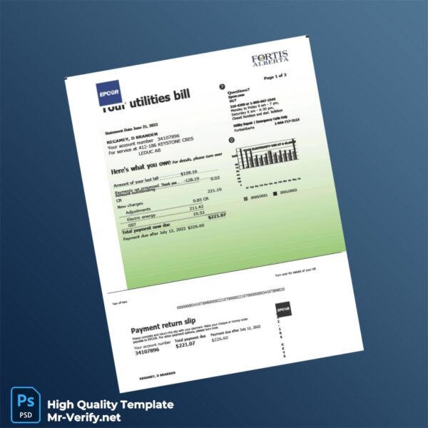 Canada Epcor Editable Power Bill Template in Word and PDF formats 2 page