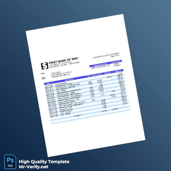 Canada First Bank of Wiki Chequing Account Statement Template in Word and PDF formats