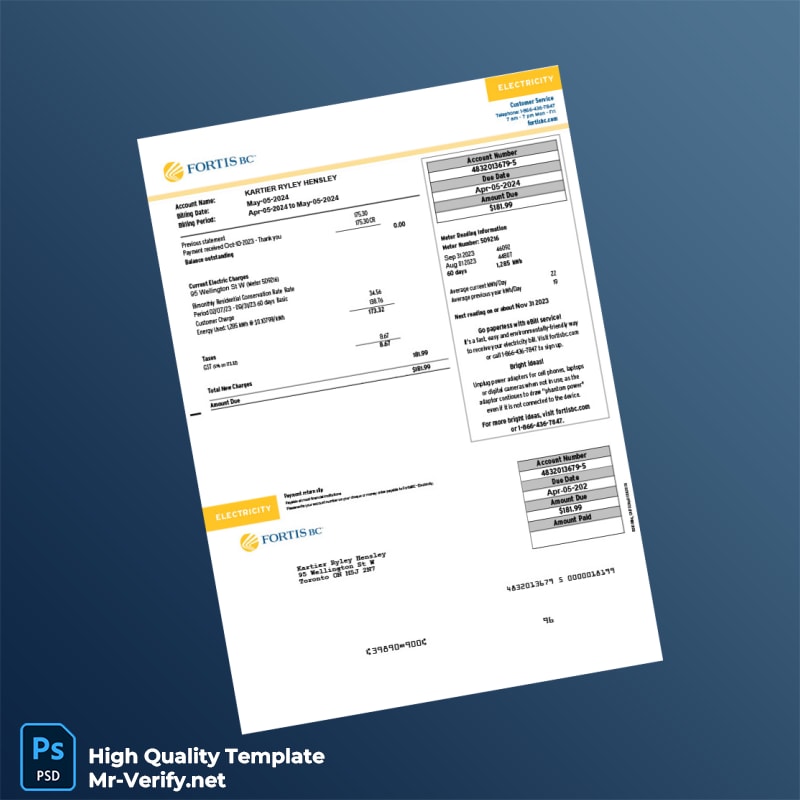 Canada Fortis BC Editable Electricity Bill Template in Word and PDF formats Canada Fortis BC Editable Electricity Bill Template in Word and PDF formats