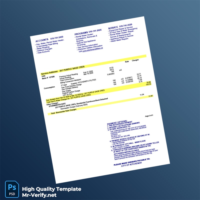 Canada Kitchener Utilities Editable Utility Bill Template in Word and PDF formats 2 page Canada Kitchener Utilities Editable Utility Bill Template in Word and PDF formats 2 page