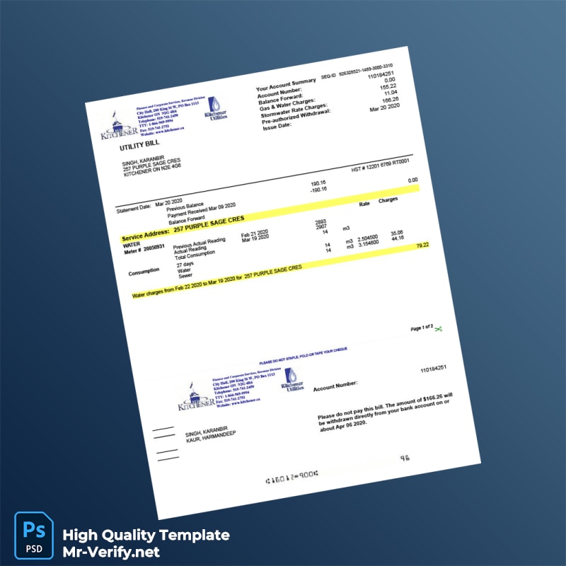 Canada Kitchener Utilities Editable Utility Bill Template in Word and PDF formats 2 page Canada Kitchener Utilities Editable Utility Bill Template in Word and PDF formats 2 page