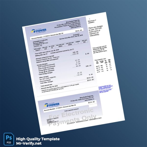 Canada Nova Scotia Power Inc Editable Electricity Bill Template in Word and PDF formats
