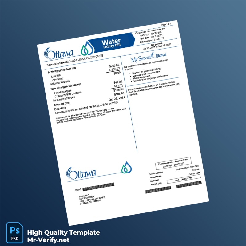 Canada Ottawa Editable Water Bill Template in Word and PDF formats 2 page Canada Ottawa Editable Water Bill Template in Word and PDF formats 2 page
