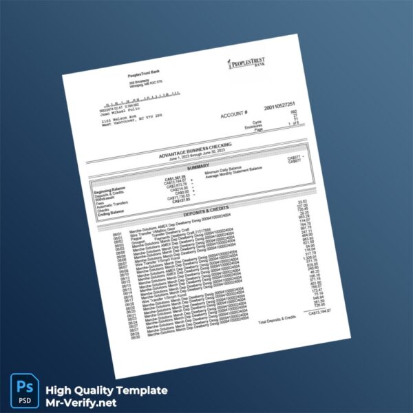 Canada PeoplesTrust Bank Business Account Statement Template in Word and PDF formats