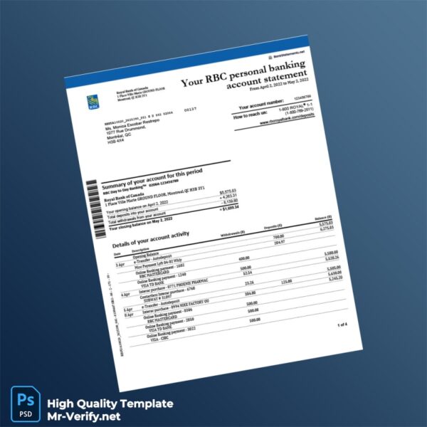 Canada RBC Bank Statement Template in Word and PDF formats 4 page