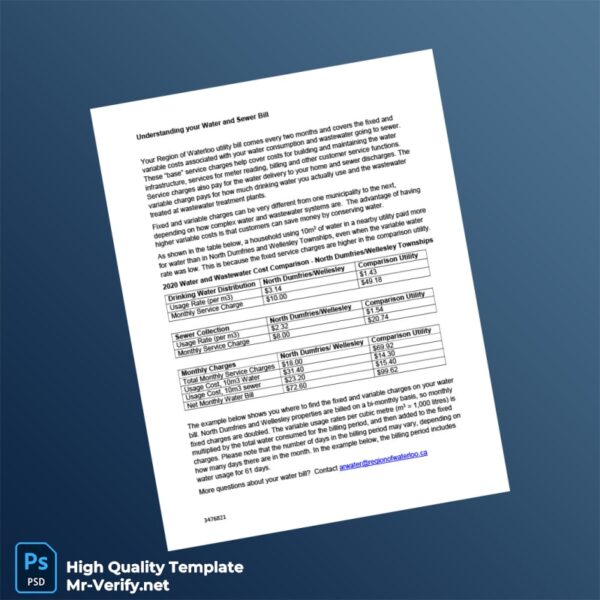 Canada Region of Waterloo Editable Water Bill Template in Word and PDF formats 2 page