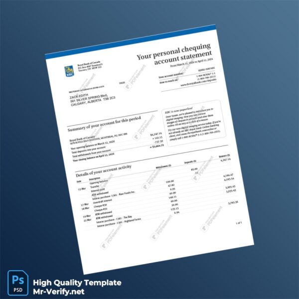 Canada Royal Bank of Canada Account Statement Template in Word and PDF formats
