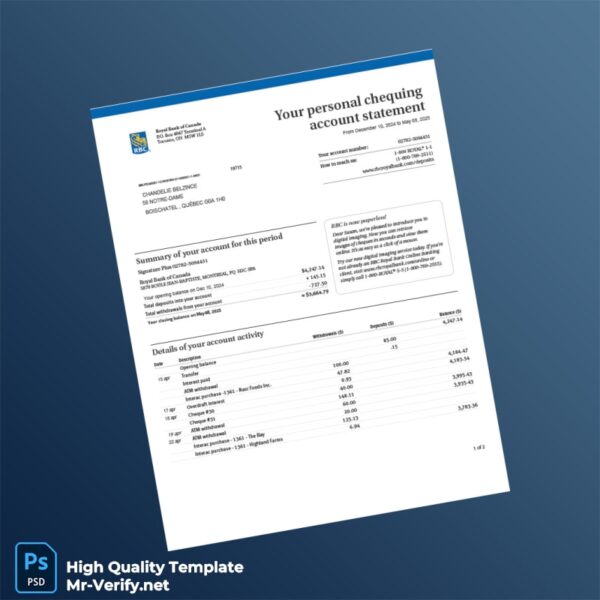 Canada Royal Bank of Canada Bank Statement Template in Word and PDF formats