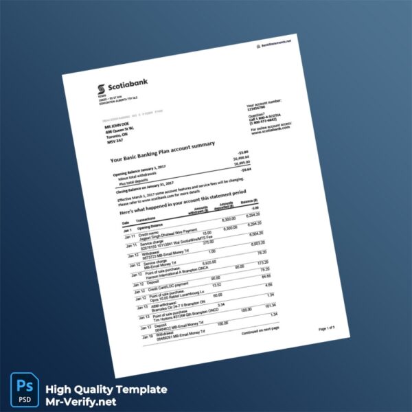 Canada Scotiabank Bank Statement Template in Word and PDF formats 5 page