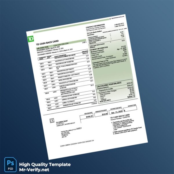 Canada TD Bank Credit Card Statement Template in Word and PDF formats 5 page