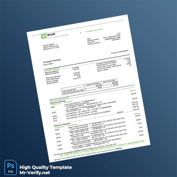 Canada TD Bank Statement Template in Word and PDF formats 7 page