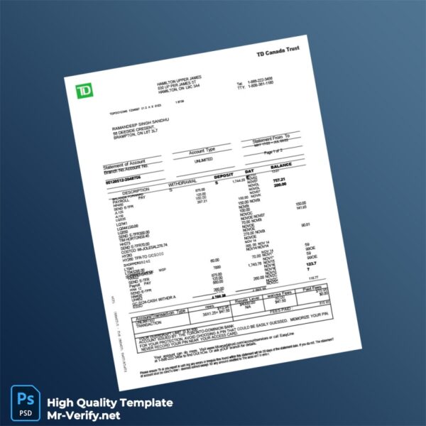 Canada TD Canada Trust Bank Statement Template in Word and PDF formats 4 page