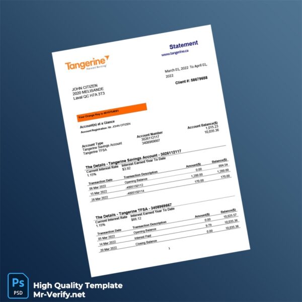 Canada Tangerine Bank Statement Template in Word and PDF formats 2 page