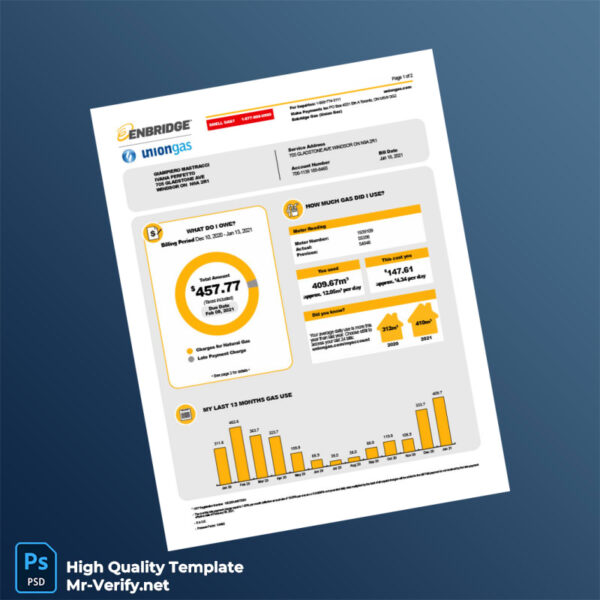 Canada Union Gas Editable Natural Gas Bill Template in Word and PDF formats 2 page