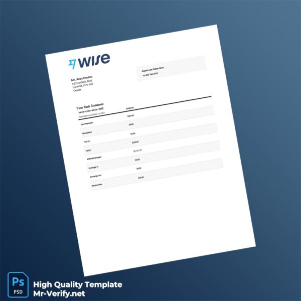 Canada Wise Bank Statement Template in Word and PDF formats