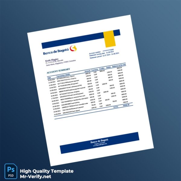 Colombia Banco de Bogotá Editable Account Statement Template in Word and PDF formats