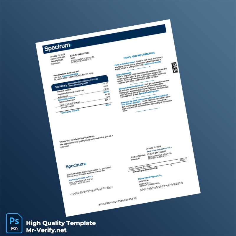 Country_ Company_Authority issuer _ Spectrum Document Type_ Utility Bill Editable Utility Bill Template in Word and PDF formats 4 page